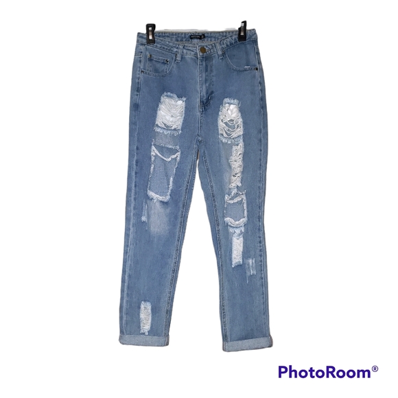 Nasty Gal Denim - Nasty Gal size 6 light blue distressed ripped high waisted mom jean nwot